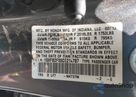 2013 Honda Civic Lx z USA, uszkodzony, nr VIN 19XFB2F55DE214787